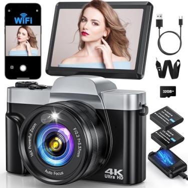 Imagem de Câmera digital 4K para fotografia com WiFi, câmera vlogging de foco automático de 64 MP para YouTube, tela flip de 3 polegadas 180°, câmeras de viagem compactas antivibração de 16X com cartão SD de 32