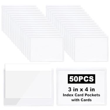 Imagem de SBYURE 50 peças de bolsos adesivos transparentes de 8 x 10 cm com 50 peças de cartões brancos, suporte de cartão de índice de plástico autoadesivo, suportes de etiquetas adesivas para organização de