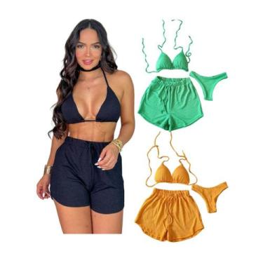 Imagem de Kit 3 Biquíni Com Short Malha Canelada Brilhante Premium - Praia - mod