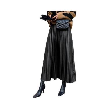 Imagem de Saia Midi Plissada De Couro PU Preta De Cintura Alta Para Mulheres, Es