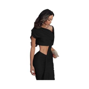 Imagem de Vestido Longo Feminino Sem Mangas Com Gola Diagonal Franzida, Fendas I