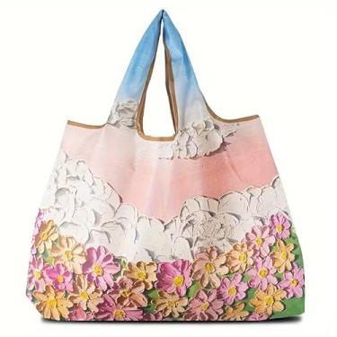 Imagem de Sacola reutilizável de grande capacidade - design chique de pintura a óleo, dobrável, lavável e fácil de limpar bolsa de compras de nylon para mulheres - perfeita para supermercado, cozinha e itens