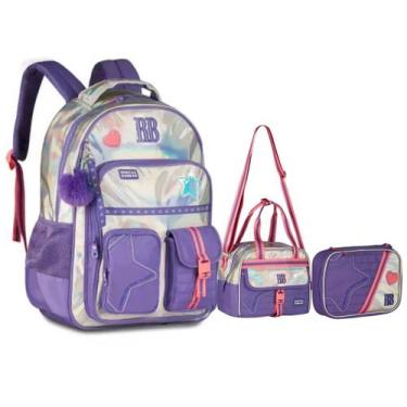 Imagem de Kit Mochila Lancheira Estojo RB Holográfico Original - Clio, Lilas