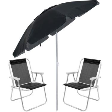 Imagem de Kit 2 Cadeiras Alta Alumínio + Guarda Sol Bagum 2m Preto - Belfix