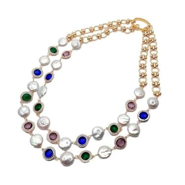 Imagem de Colar com 2 fileiras cultivadas de 14 mm com moedas brancas e pérolas, várias cores, cristal, dourado, corrente de metal, joia gargantilha