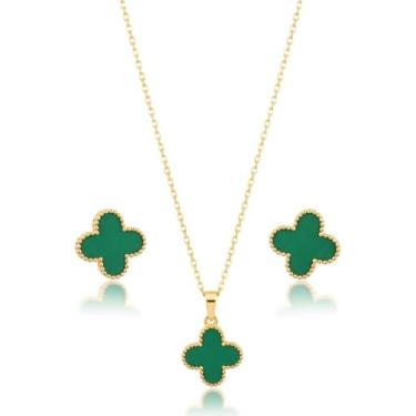 Imagem de Conjunto Gargantilha Colar e Brinco Trevo de Sorte Banhado a Ouro 18K – Elegância e Sofisticação para Mulheres de Estilo (Dourado)