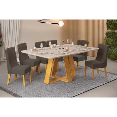 Imagem de Conjunto: Mesa de Cozinha Celeste c/ Tampo Madeirado c/ Vidro Curvo 160x90cm e 6 Cadeiras Jade Cedro/Off White - Suede Lunar - DJ Móveis