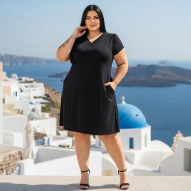 Imagem de Vestido Curto Plus Size Soltinho Com Bolso Manga Curta Decote V Verão 