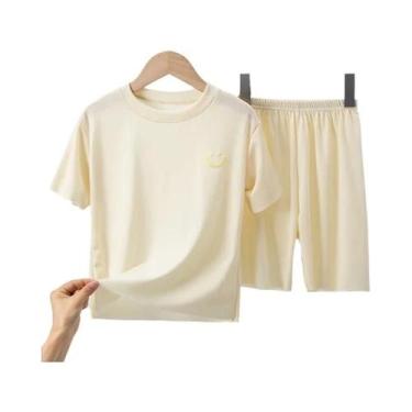 Imagem de Pijamas De Seda Para Crianças, Conjunto De Verão Com Manga Curta E Cal