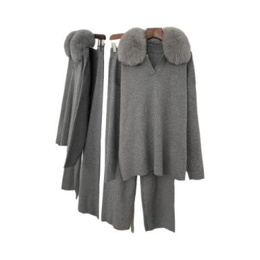 Imagem de Conjunto Feminino De Suéter E Casaco De Tricô Com Gola De Pele De Rapo