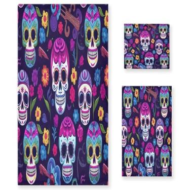 Imagem de xigua Conjunto de toalhas de banheiro com flor de crânio absorvente macio 3 peças toalha de banho toalha de mão toalhas decorativas para banheiro, academia, hotel, praia, piscina