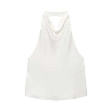 Imagem de Top Halter De Cetim Feminino Preto E Amarelo Sem Mangas Para O Verão -