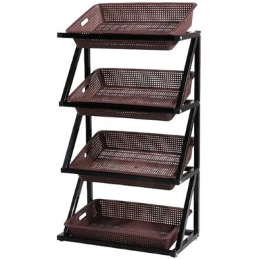 Imagem de Rack de exibição de frutas e vegetais de supermercado comercial de 4 camadas, suporte organizador de lanches com 4/8 cestos, ideal para armazenamento de cebola e batata, cor marrom, perfeito para