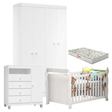 Imagem de Quarto De Bebê 4 Portas Ternura Baby Com Berço Lara Branco Brilho Com Colchão Gazin - Incorplac