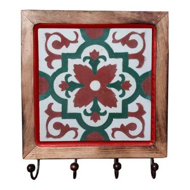 Imagem de Cabideiro Em Madeira Com Ladrilho Hidráulico Porta Chaves Roupas Bolsas Ladrilho A3