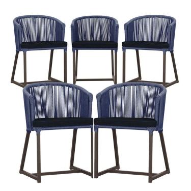 Imagem de 5 Cadeiras De Jantar Noronha Marrom Corda Náutica E12 Trama Azul