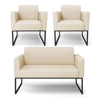 Imagem de Sofá Namoradeira Com 2 Poltronas Base Industrial Preto Marisa Linho A32 Palha