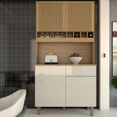 Imagem de Cozinha Compacta Luz 1 Gaveta 4 Portas 100% Mdf Amêndoa/Off White - Panorama Móveis