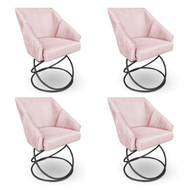 Imagem de Kit 4 Poltronas Luxo Alana Suede Rosa Bebê Base Luxo Preto - Pallazio