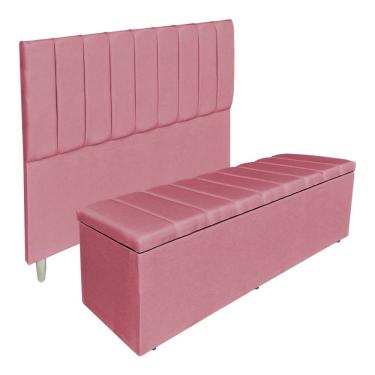 Imagem de Kit Cabeceira E Calçadeira Recamier Baú Casal 1,40m Holanda Suede - Pallazio Cor Rosa