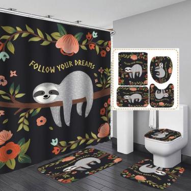Imagem de Conjunto de cortinas de chuveiro Cute Sloth Floral, 4 peças, impermeáv