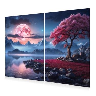 Imagem de Kit 2 Quadros Decoração Árvore Rosa Lua Cheia Canvas 60x40 - DC Expres