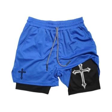 Imagem de Shorts De Corrida Masculinos Com Estampa De Cruz Cristã 2 Em 1 Para Tr