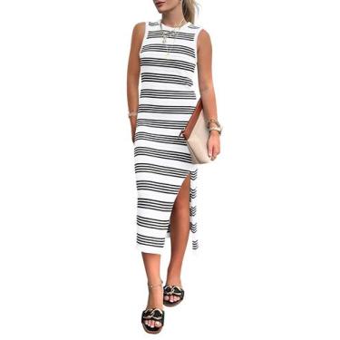 Imagem de Vestido PRETTYGARDEN Bodycon Midi Listrado Branco Sem Mangas Tamanho S