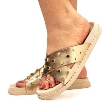 Imagem de Sandália Flatform Feminina Casual Brilho Metálico Enfeite Metal Papete Flat Plataforma-...