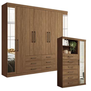 Imagem de Conjunto Guarda Roupa Casal Havana Master 8 Portas Bater 6 Gavetas MDP Jatobá Santos An...