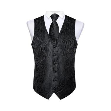 Imagem de Colete Social Masculino Preto Paisley Com Gravata Borboleta, Lenço De 