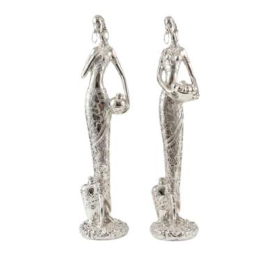 Imagem de Jg Escultura Mulheres Africanas 2 Pç 26cm Prata Metálica - Papel Mâchè