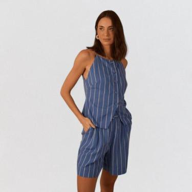 Imagem de Blusa Dress To Linho Listrado Botões, T azul, GG
