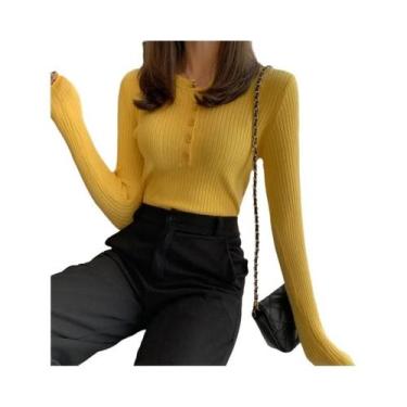 Imagem de Suéter Feminino Slim Fit De Tricô Com Botões E Gola O, Pulôver Listrad