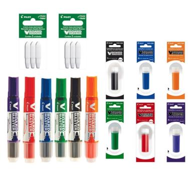 Imagem de Kit de Pincéis para Quadro Branco V-Board Master com Refis e Pontas Substituíveis Preto 6 Unidades Pilot