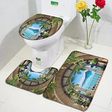 Imagem de Conjunto de tapetes de banho de praia de palmeira em arco, cenário do oceano, tapete de porta de flanela, decoração de banheiro antiderrapante, tapete de cobertura de vaso sanitário, 60313, conjunto de 3 peças, 75x45 cm, 29,5x17,7 pol.