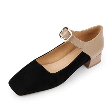 Imagem de TinaCus Sapato feminino bico quadrado couro legítimo e camurça feito à mão fivela cinto salto baixo grosso vintage sapatos, Preto, 8