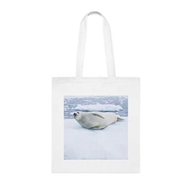 Imagem de Sacola com foca de pele deitada no fluxo de gelo, presente divertido, bolsa de ombro, bolsas reutilizáveis, ideia de presente de cesta de Natal de aniversário, Branco