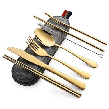 Imagem de DEVICO Utensílios portáteis, conjunto de talheres de acampamento para viagem, 8 peças, incluindo faca, garfo, colher, pauzinhos, escova de limpeza, canudos, estojo portátil, conjunto de talheres de