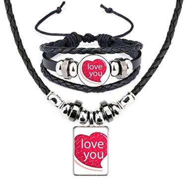 Imagem de Conjunto de joias para colar de couro I Love coração rosa Dia dos Namorados