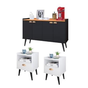Imagem de Kit Casa Completa 2 Mesas Cabeceira Estilo Mesinhas Lateral Cama Aparador Buffet Kiev Cantinho Café Cozinha Sala Estar - RPM Móveis (Branco | Preto/Cinamomo)