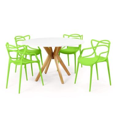 Imagem de Conjunto Mesa De Jantar Redonda Marci Branca 120cm Com 4 Cadeiras Allegra - Verde