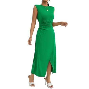 Imagem de Camisa Feminina Solid Split Thigh Sleeveless Shoulder Pad A-line Dress (Color : Green, Size : X-Small)