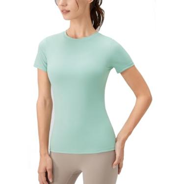Imagem de GymNatural Camisetas femininas de compressão, atlética, modelagem seca, ioga, academia, básica, Verde (Sea Mist Green), GG