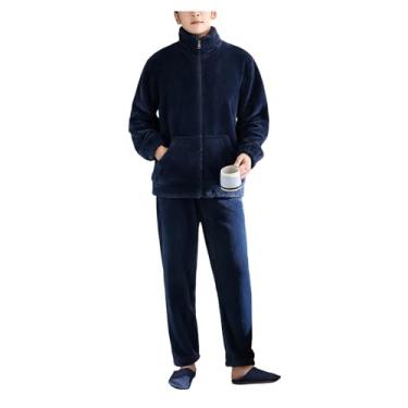 Imagem de Conjunto de pijama masculino de flanela com zíper, conjunto de pijama com lapela e gola com bolso, 2 peças, Azul, 3G