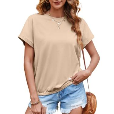 Imagem de Tankaneo Camisetas femininas de manga curta de verão com gola redonda e bainha elástica, Caqui, XG