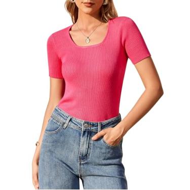 Imagem de Yekaty Camisetas femininas básicas de manga curta gola quadrada 2024 verão malha canelada slim fit Y2k, Vermelho rosa, XXG