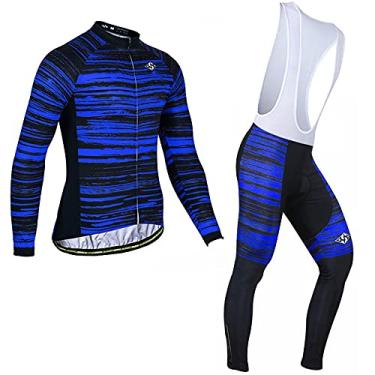 Imagem de 7HAHA3 Conjunto masculino de camisa de ciclismo com estampa de listras escovadas MTB, blusa de manga comprida e calça acolchoada, azul, M (170 cm 65 kg)
