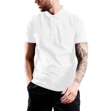 Imagem de Uni Clau Camisa polo masculina de manga curta de algodão piquê leve casual stretch Golf, Branco, P