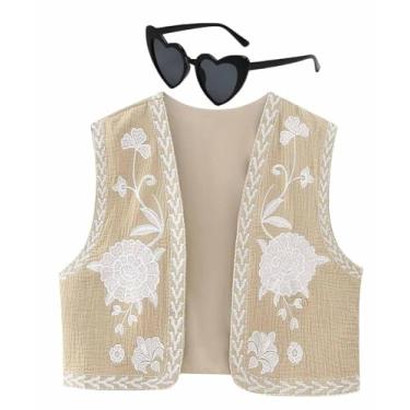 Imagem de Colete bordado feminino vintage bordado floral colete aberto frente blusa cortada colete (Color : I, Size : Small)